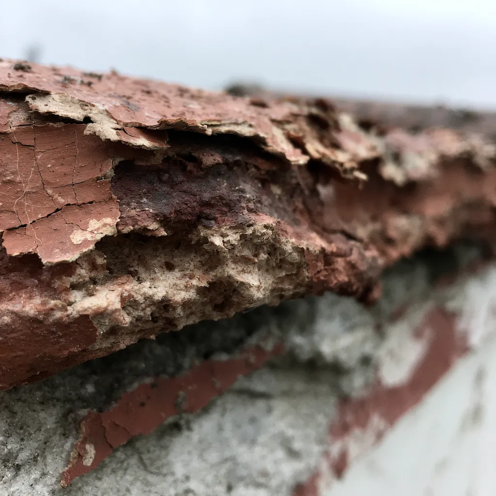 Terre cuite dont la surface se délite en fines plaques, laissant apparaître le cœur poreux du matériau